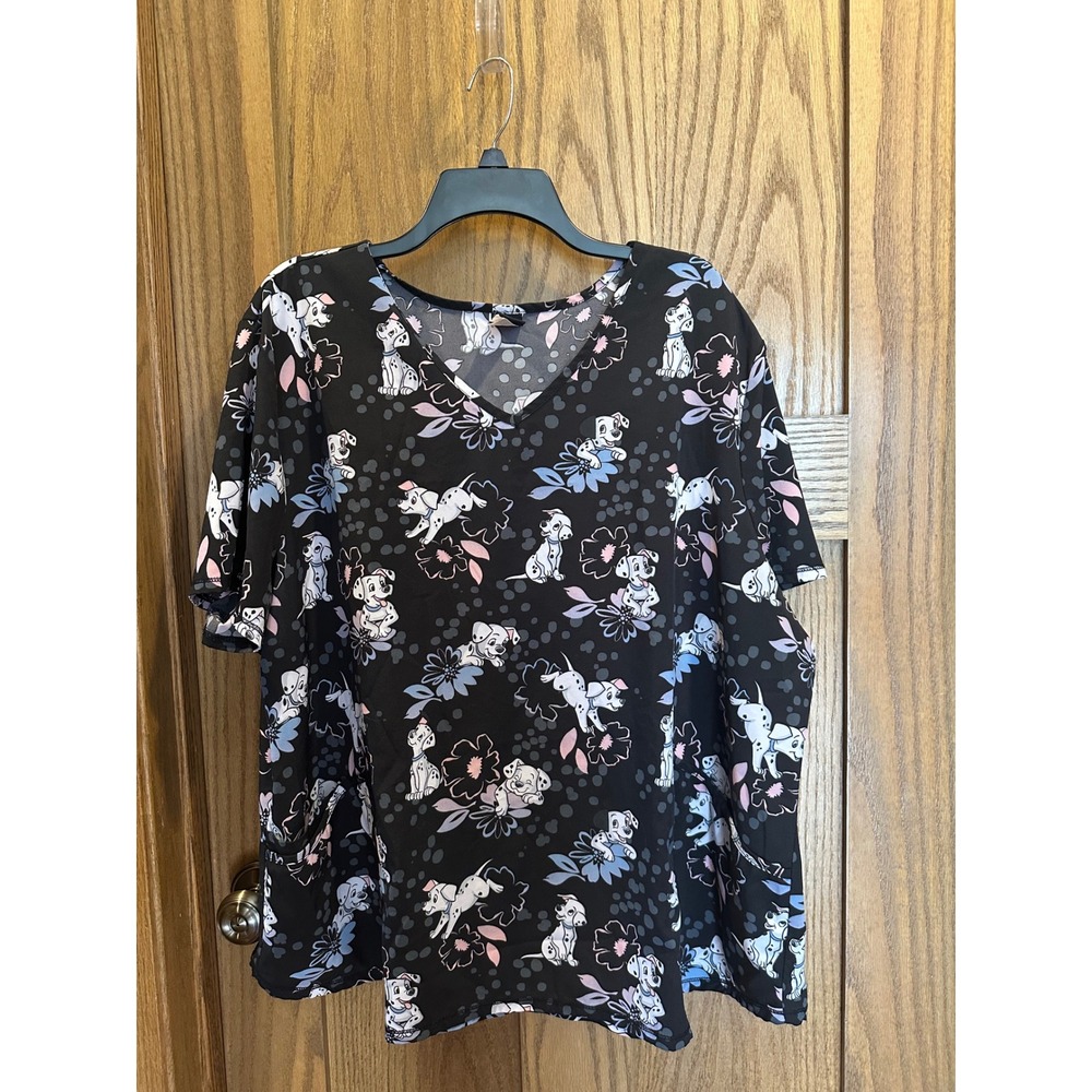 Disney 101 Dalmatians Scrub Top Women 3XL Black V-Neck Floral Puppy Print